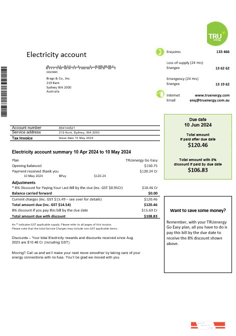 Australia Tru Energy electricity business utility bill template in Word and PDF format